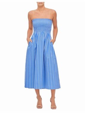 Faithfull the Brand Madella Midi Dress Size 4 Blue White Stripe Strapless Cotton